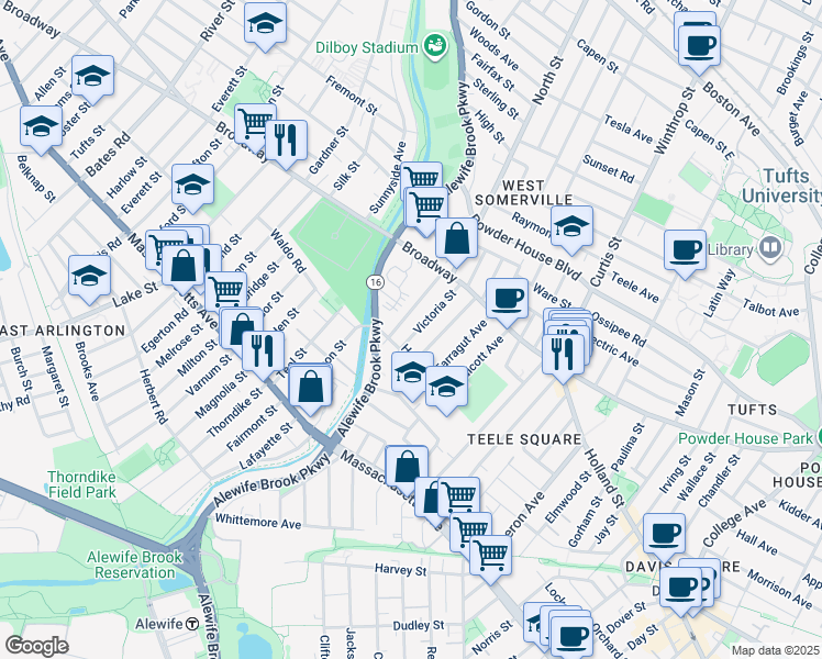 map of restaurants, bars, coffee shops, grocery stores, and more near 37 Waterhouse Street in Somerville