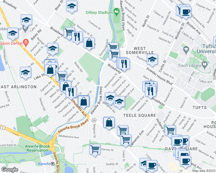 map of restaurants, bars, coffee shops, grocery stores, and more near 37 Waterhouse Street in Somerville