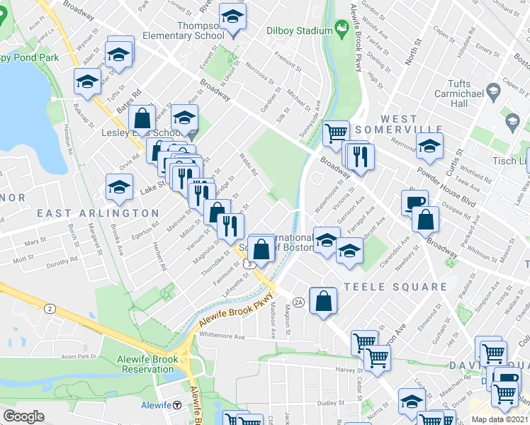 map of restaurants, bars, coffee shops, grocery stores, and more near 65 Waldo Road in Arlington
