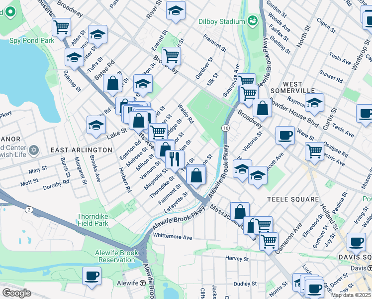 map of restaurants, bars, coffee shops, grocery stores, and more near 56-58 Amsden Street in Arlington