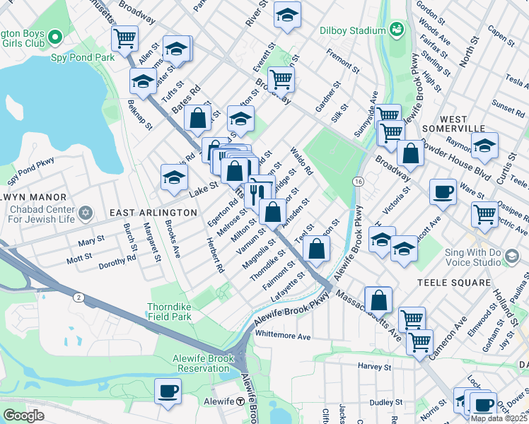 map of restaurants, bars, coffee shops, grocery stores, and more near 155 Massachusetts Avenue in Arlington