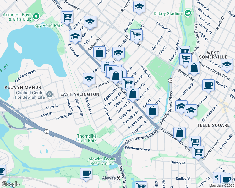 map of restaurants, bars, coffee shops, grocery stores, and more near 180 Massachusetts Avenue in Arlington
