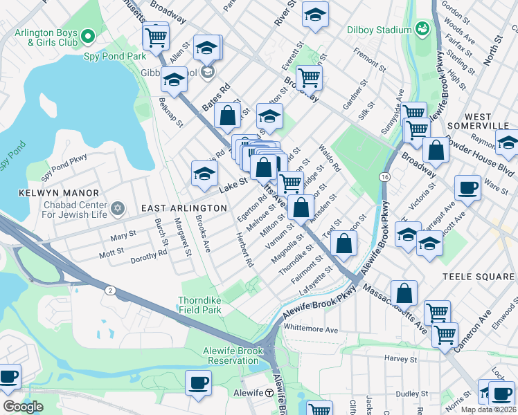 map of restaurants, bars, coffee shops, grocery stores, and more near 180 Massachusetts Avenue in Arlington