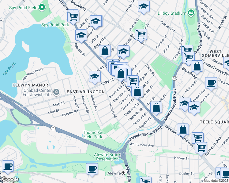 map of restaurants, bars, coffee shops, grocery stores, and more near 180 Massachusetts Avenue in Arlington