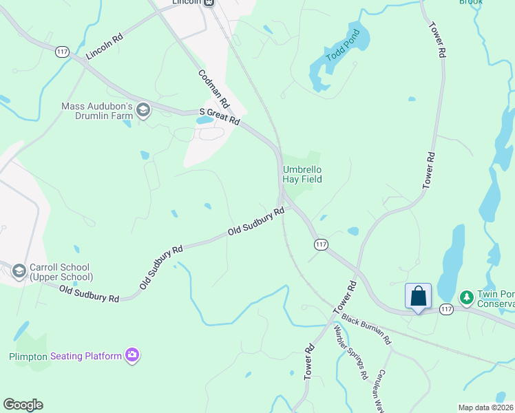 map of restaurants, bars, coffee shops, grocery stores, and more near 5 Old Sudbury Road in Lincoln