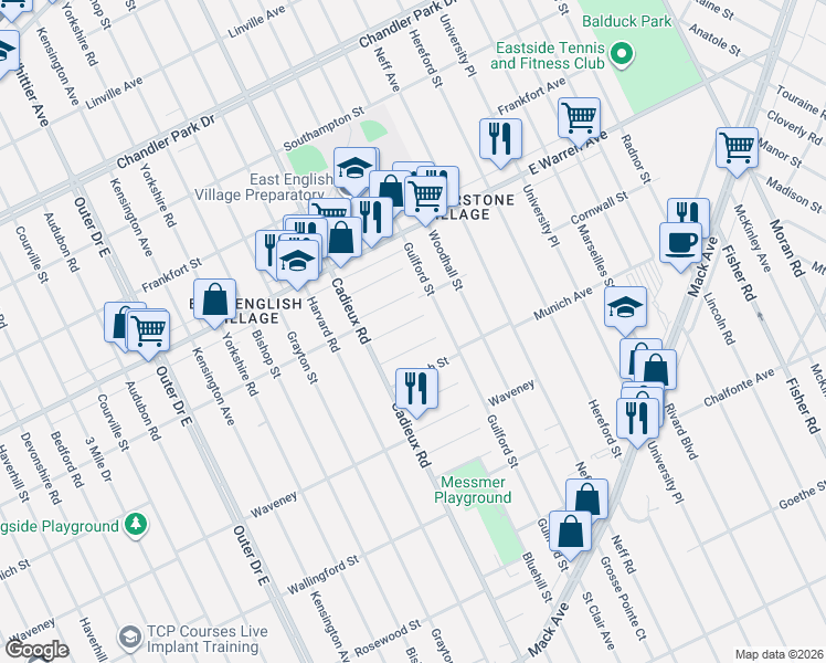 map of restaurants, bars, coffee shops, grocery stores, and more near 4601 Guilford Street in Detroit