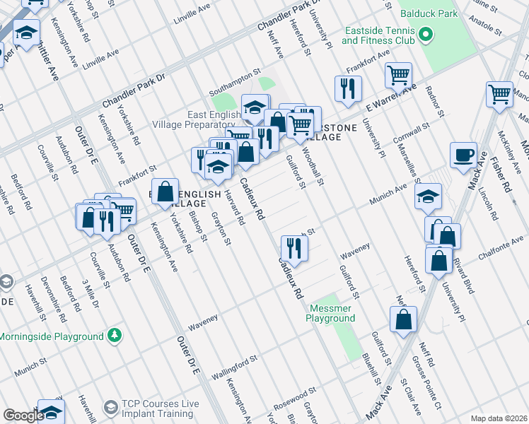 map of restaurants, bars, coffee shops, grocery stores, and more near 4837 Cadieux Road in Detroit