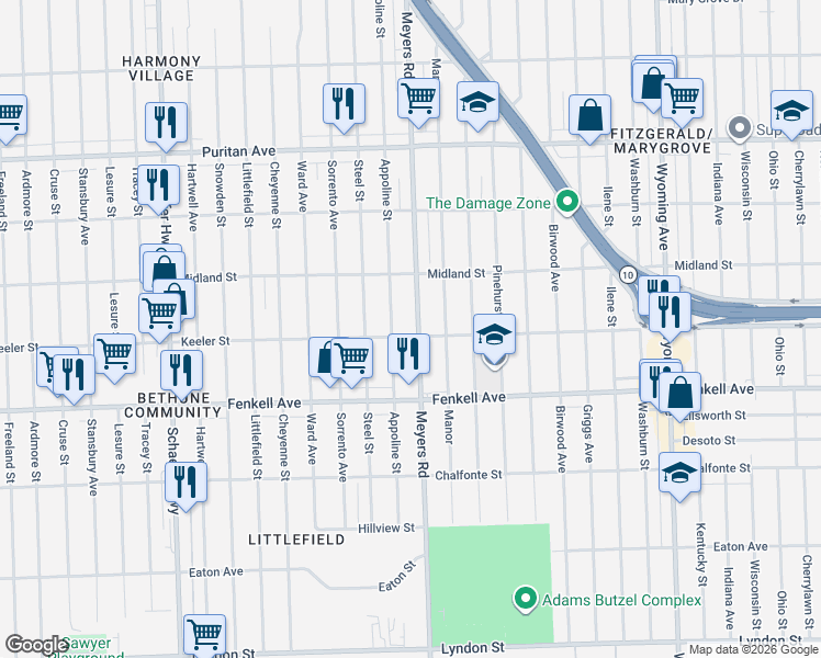 map of restaurants, bars, coffee shops, grocery stores, and more near 15466 Appoline Avenue in Detroit