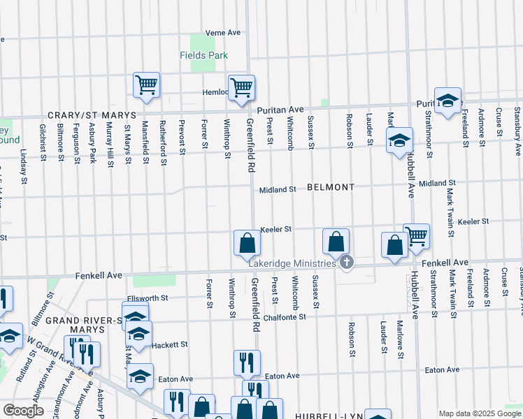 map of restaurants, bars, coffee shops, grocery stores, and more near 15507 Greenfield Road in Detroit