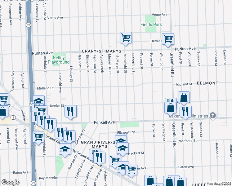 map of restaurants, bars, coffee shops, grocery stores, and more near 15701 Saint Marys Street in Detroit