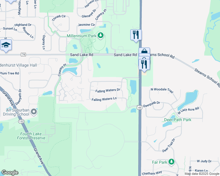 map of restaurants, bars, coffee shops, grocery stores, and more near 2878 Falling Waters Lane in Lindenhurst