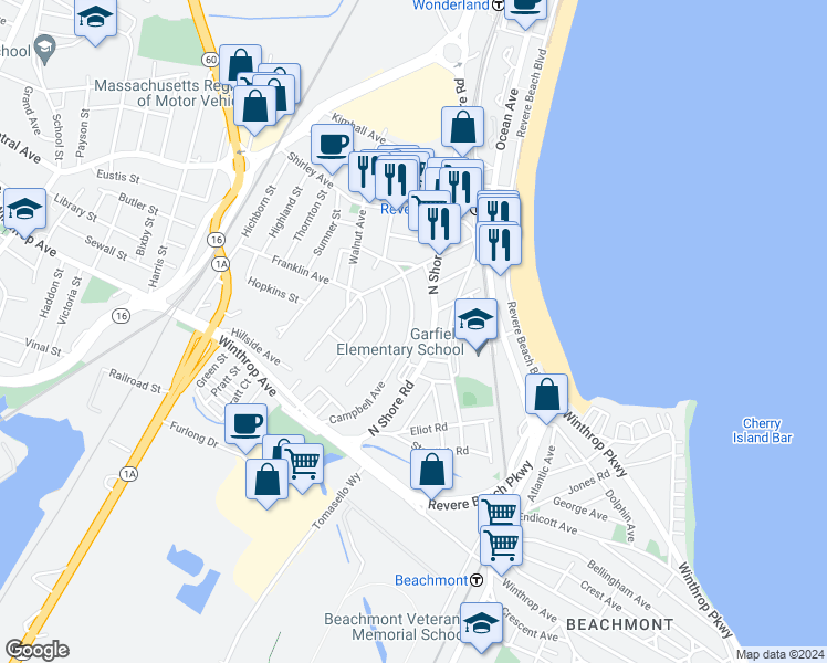 map of restaurants, bars, coffee shops, grocery stores, and more near 143 Campbell Avenue in Revere