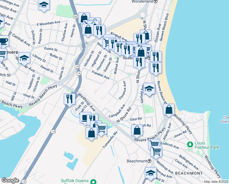 map of restaurants, bars, coffee shops, grocery stores, and more near 185 Walnut Avenue in Revere