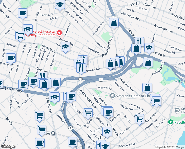 map of restaurants, bars, coffee shops, grocery stores, and more near 50 Sagamore Avenue in Chelsea