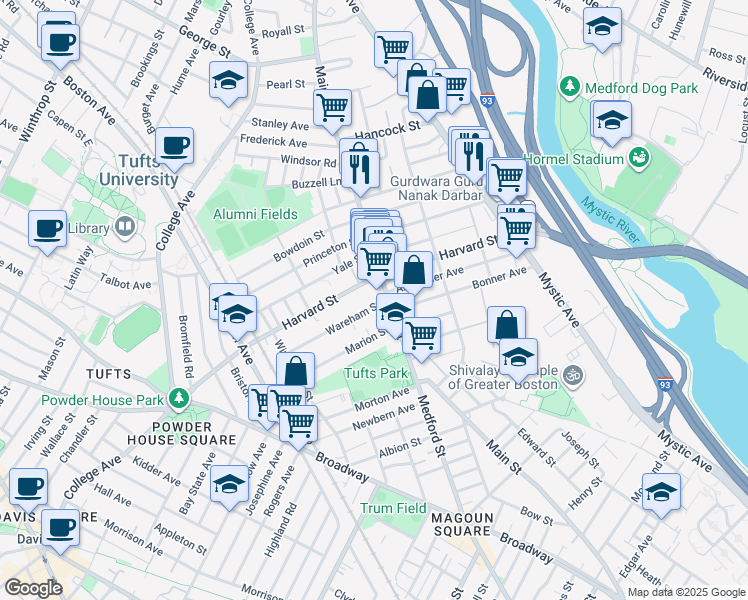 map of restaurants, bars, coffee shops, grocery stores, and more near 371 Main Street in Medford