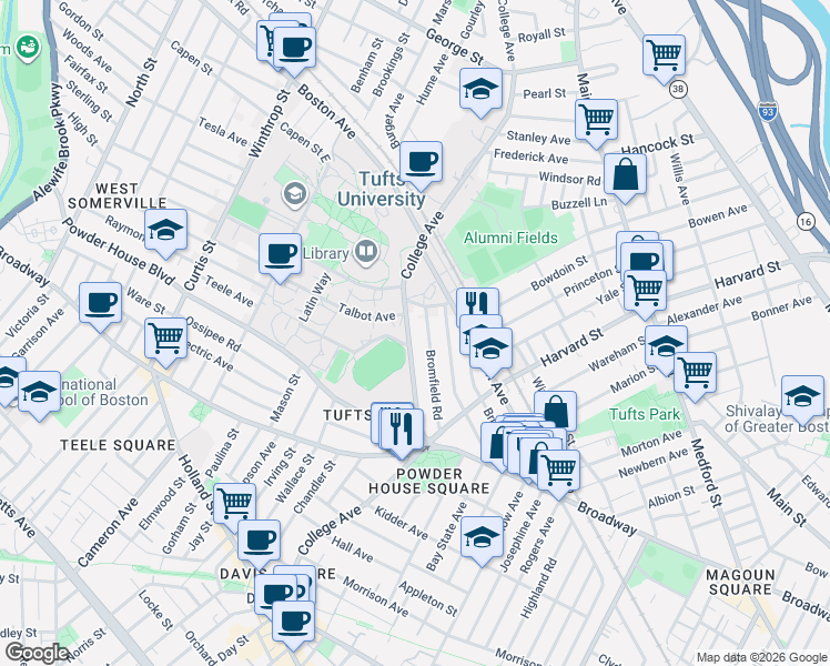 map of restaurants, bars, coffee shops, grocery stores, and more near 16 Dearborn Road in Somerville