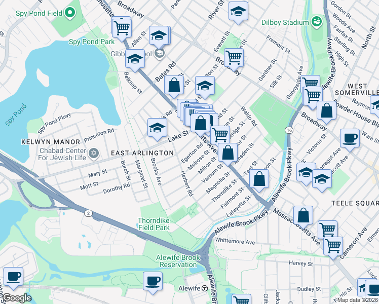 map of restaurants, bars, coffee shops, grocery stores, and more near 180 Massachusetts Avenue in Arlington