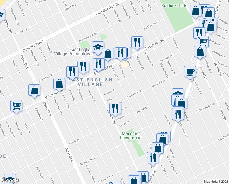 map of restaurants, bars, coffee shops, grocery stores, and more near 17190 Ontario Street in Detroit