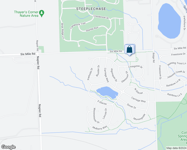 map of restaurants, bars, coffee shops, grocery stores, and more near 16937 Boulder Drive in Northville