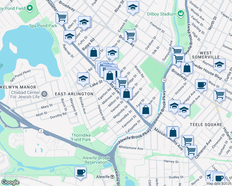 map of restaurants, bars, coffee shops, grocery stores, and more near 155 Massachusetts Avenue in Arlington