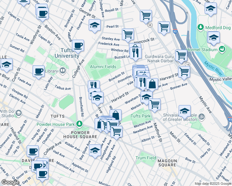 map of restaurants, bars, coffee shops, grocery stores, and more near 102 Princeton Street in Medford