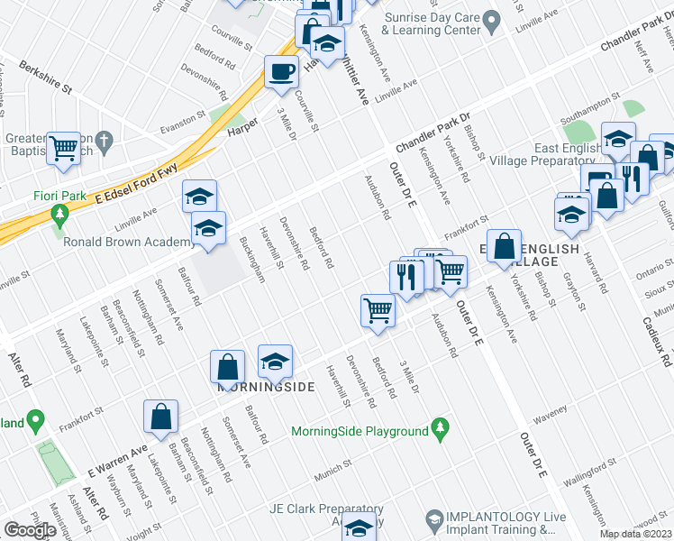 map of restaurants, bars, coffee shops, grocery stores, and more near 5244 Bedford Road in Detroit