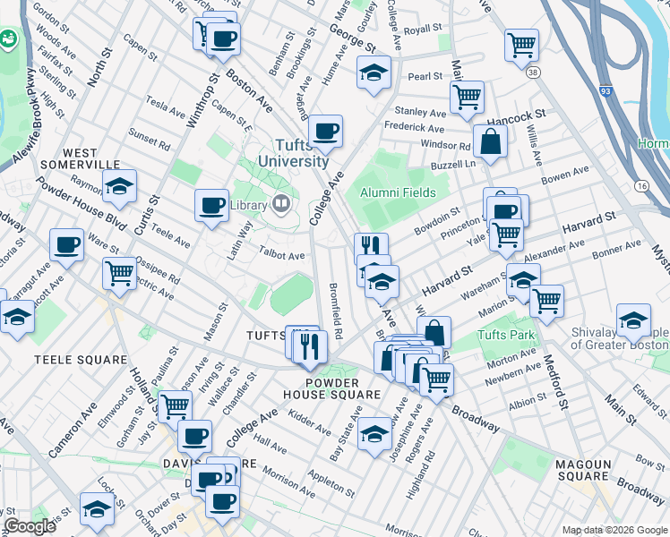 map of restaurants, bars, coffee shops, grocery stores, and more near 16 Dearborn Road in Somerville