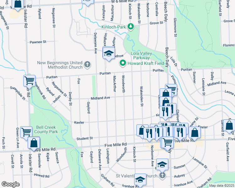 map of restaurants, bars, coffee shops, grocery stores, and more near 15863 Woodworth in Redford Charter Township