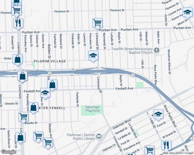 map of restaurants, bars, coffee shops, grocery stores, and more near 15390 Linwood Street in Detroit