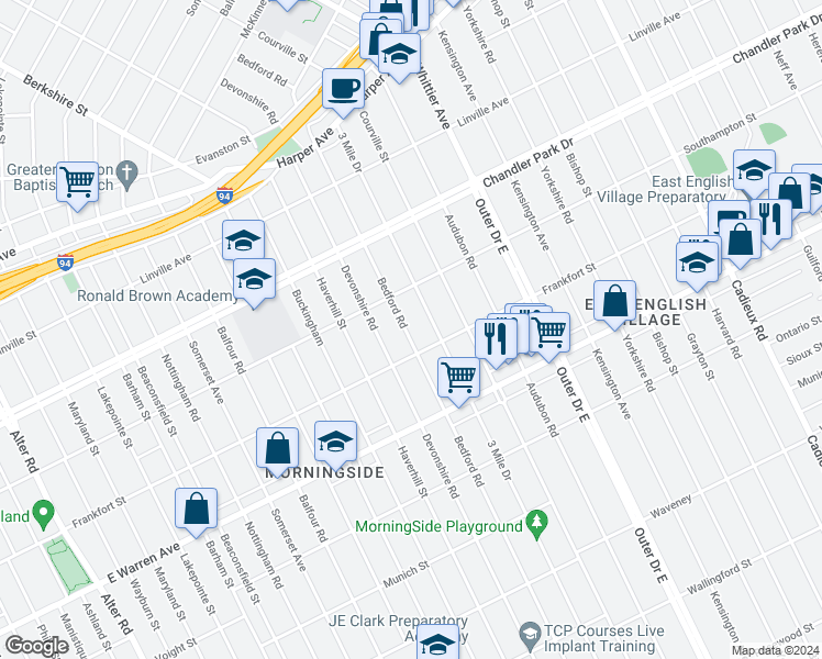 map of restaurants, bars, coffee shops, grocery stores, and more near 5244 Bedford Street in Detroit