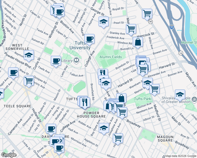 map of restaurants, bars, coffee shops, grocery stores, and more near 530 Boston Avenue in Medford
