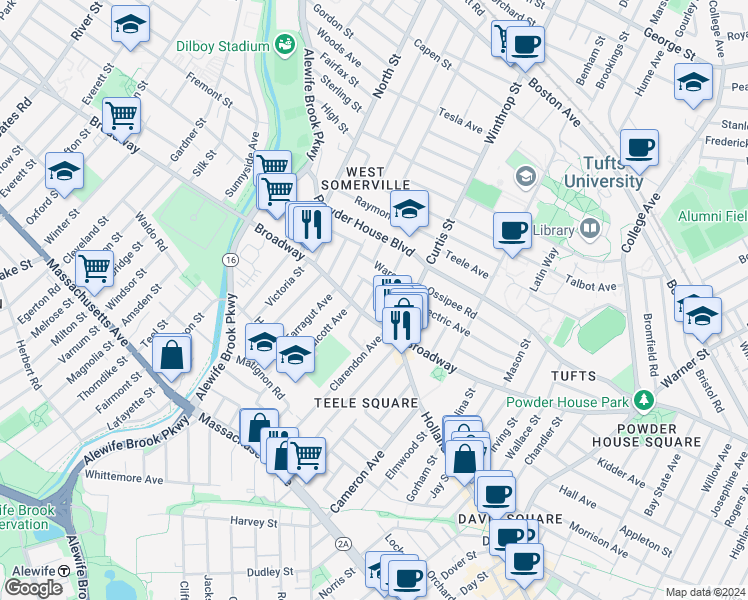 map of restaurants, bars, coffee shops, grocery stores, and more near 42 Fairmount Avenue in Somerville