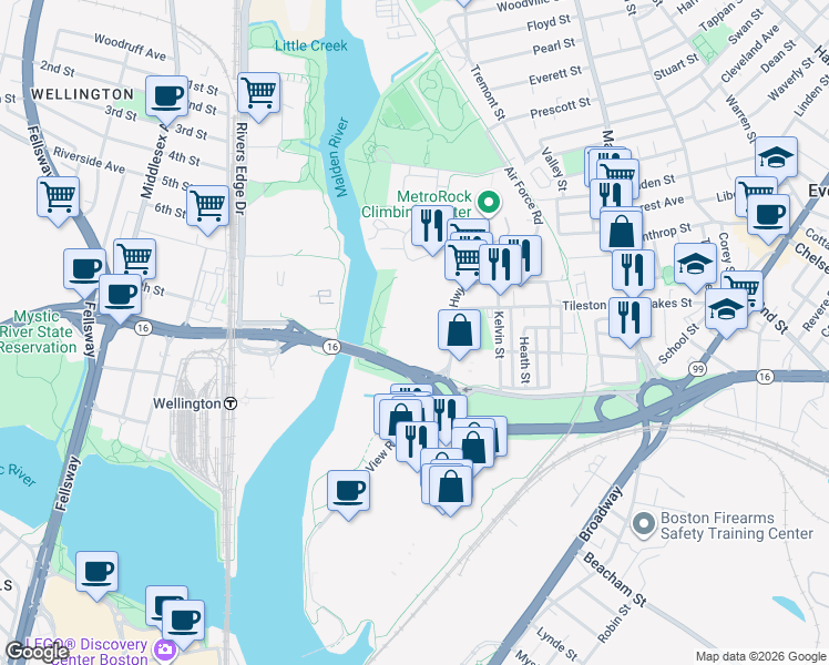 map of restaurants, bars, coffee shops, grocery stores, and more near 135 Santilli Highway in Everett