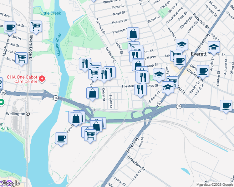 map of restaurants, bars, coffee shops, grocery stores, and more near in Everett