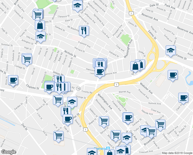map of restaurants, bars, coffee shops, grocery stores, and more near 361 Washington Avenue in Chelsea
