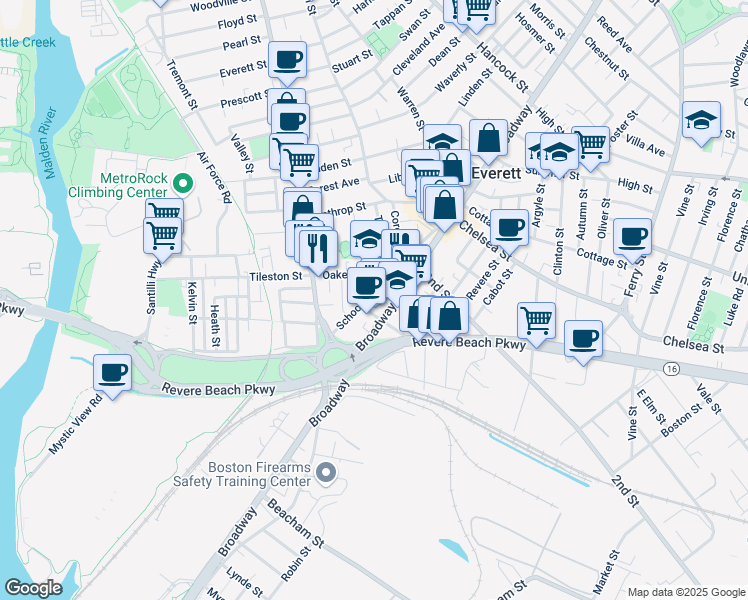 map of restaurants, bars, coffee shops, grocery stores, and more near 41 Oakes Street in Everett