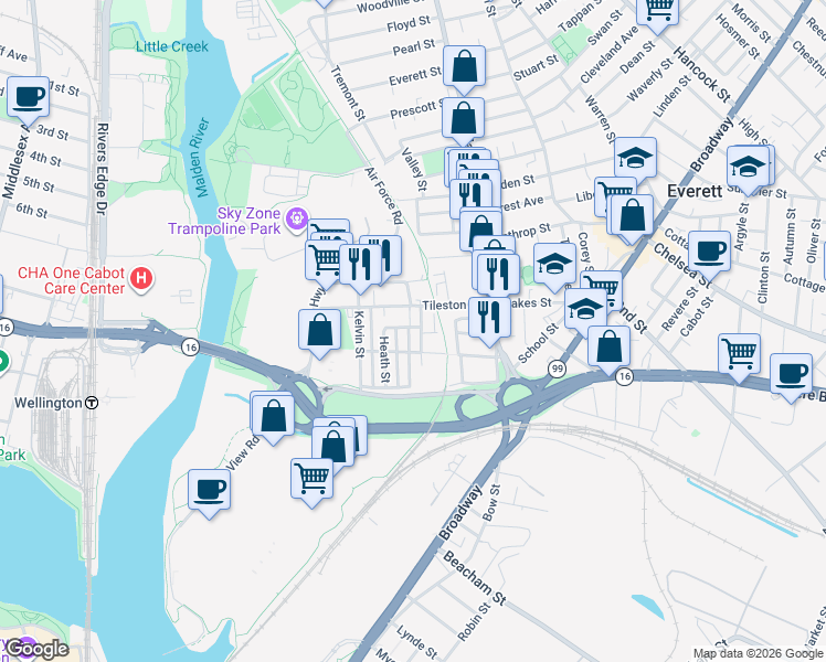 map of restaurants, bars, coffee shops, grocery stores, and more near 48 Tileston Street in Everett