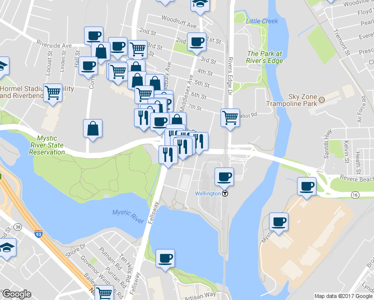 map of restaurants, bars, coffee shops, grocery stores, and more near 20 Revere Beach Parkway in Medford