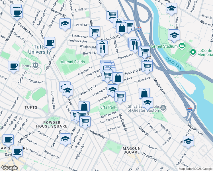 map of restaurants, bars, coffee shops, grocery stores, and more near 371 Main Street in Medford