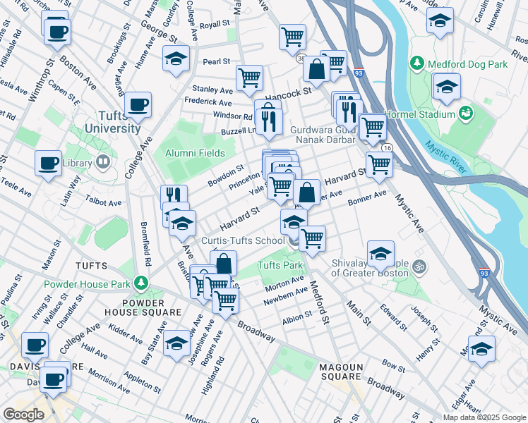 map of restaurants, bars, coffee shops, grocery stores, and more near 1 Harvard Street in Medford