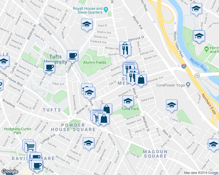 map of restaurants, bars, coffee shops, grocery stores, and more near 49 Yale Street in Medford