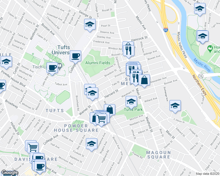 map of restaurants, bars, coffee shops, grocery stores, and more near 102 Princeton Street in Medford
