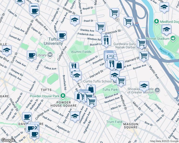 map of restaurants, bars, coffee shops, grocery stores, and more near 102 Princeton Street in Medford