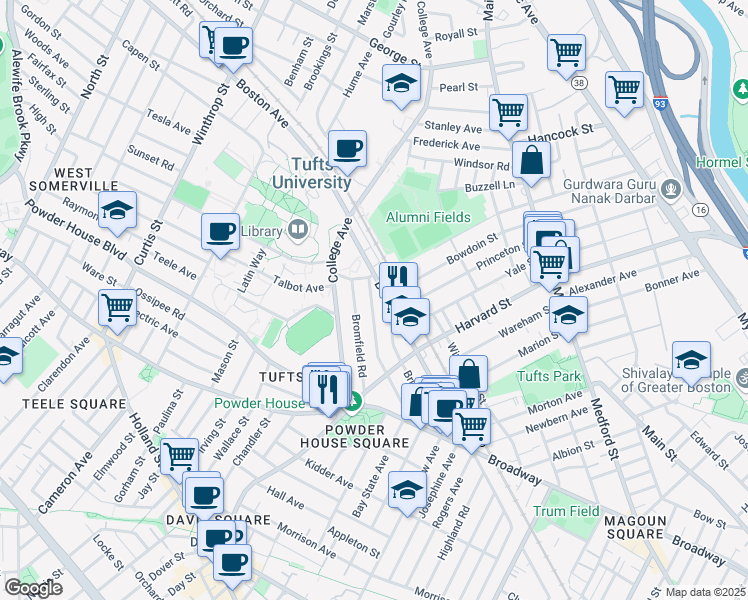 map of restaurants, bars, coffee shops, grocery stores, and more near 530 Boston Avenue in Medford