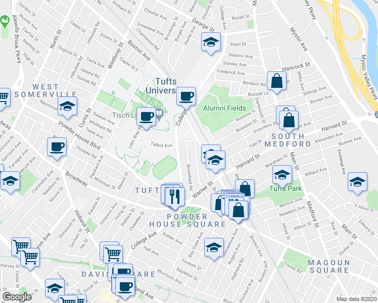 map of restaurants, bars, coffee shops, grocery stores, and more near 16 Dearborn Road in Somerville