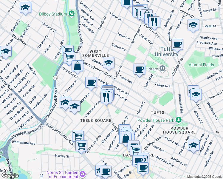 map of restaurants, bars, coffee shops, grocery stores, and more near 156 Powder House Boulevard in Somerville