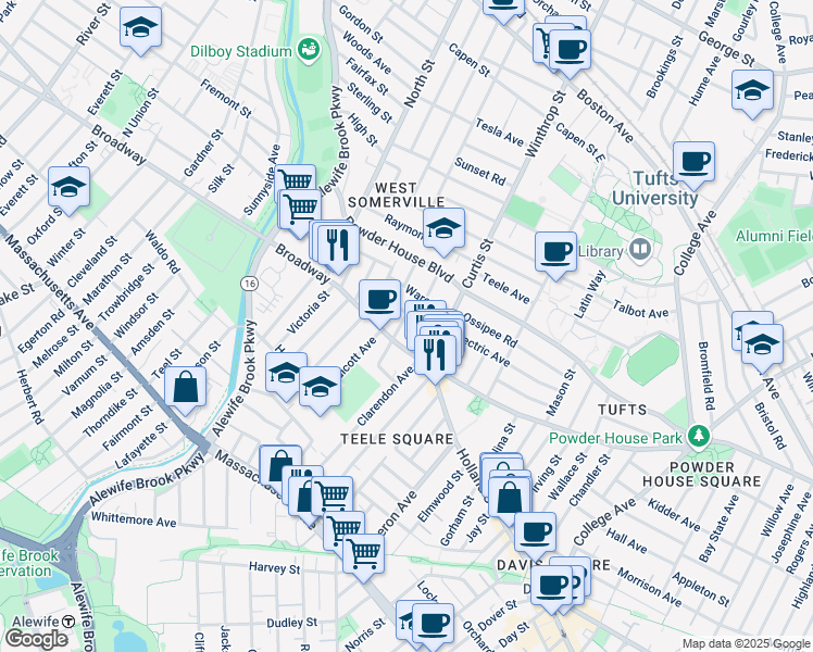 map of restaurants, bars, coffee shops, grocery stores, and more near 42 Fairmount Avenue in Somerville
