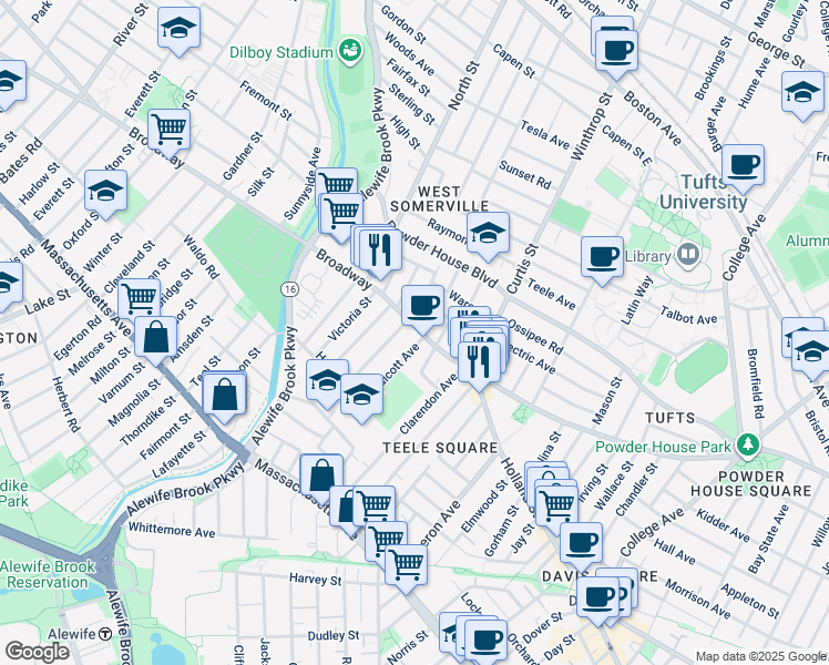 map of restaurants, bars, coffee shops, grocery stores, and more near 1249 Broadway in Somerville