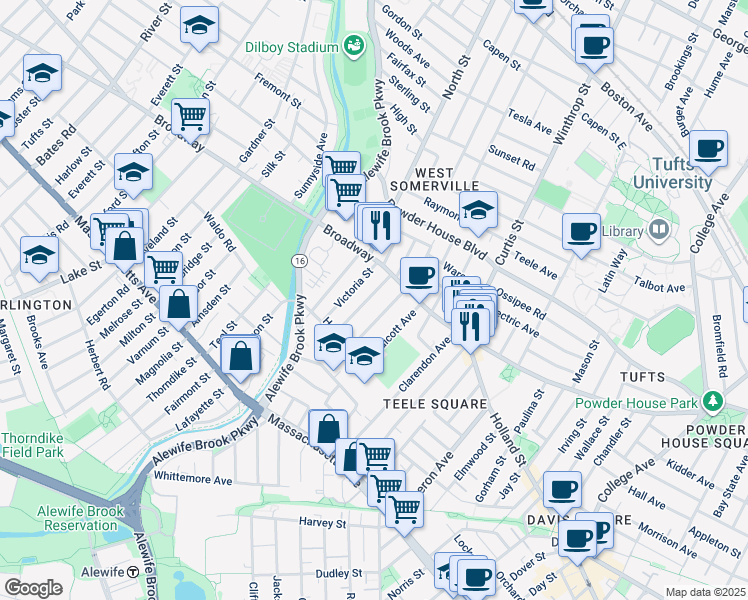 map of restaurants, bars, coffee shops, grocery stores, and more near 18 Victoria Street in Somerville
