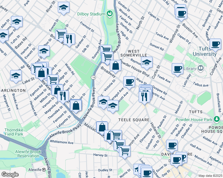 map of restaurants, bars, coffee shops, grocery stores, and more near 18 Victoria Street in Somerville
